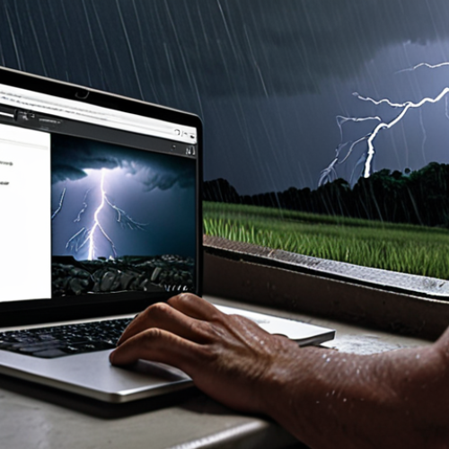 **Image Prompt:** A person calmly using a laptop connected to a UPS during a thunderstorm with a power outage. Focus on the feeling of security and preparedness.