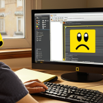 **

A frustrated user staring at their computer screen with a yellow exclamation mark icon prominently displayed over the Device Manager window. A notepad and pen are nearby, suggesting the user is meticulously documenting the problem. The overall mood is one of tech troubleshooting in a typical Polish home setting.

**