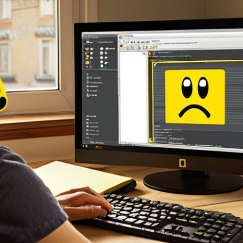 **

A frustrated user staring at their computer screen with a yellow exclamation mark icon prominently displayed over the Device Manager window. A notepad and pen are nearby, suggesting the user is meticulously documenting the problem. The overall mood is one of tech troubleshooting in a typical Polish home setting.

**