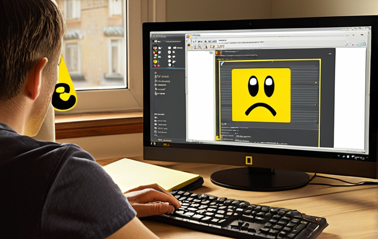 **

A frustrated user staring at their computer screen with a yellow exclamation mark icon prominently displayed over the Device Manager window. A notepad and pen are nearby, suggesting the user is meticulously documenting the problem. The overall mood is one of tech troubleshooting in a typical Polish home setting.

**
